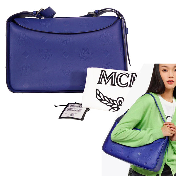 NEW $1,190 MCM Sodalite Blue LARGE AREN FLAP HOBO Logo MONOGRAM LEATHER BAG NWT