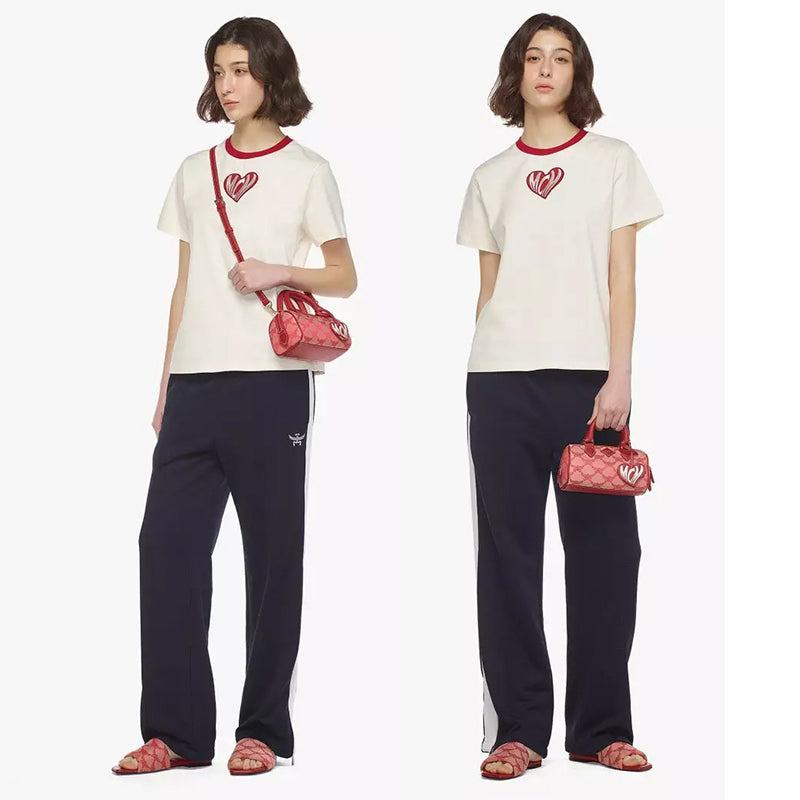NEW $890 MCM Red Lauretos Monogram Jacquard Mini Ella VALENTINE Heart BOSTON BAG