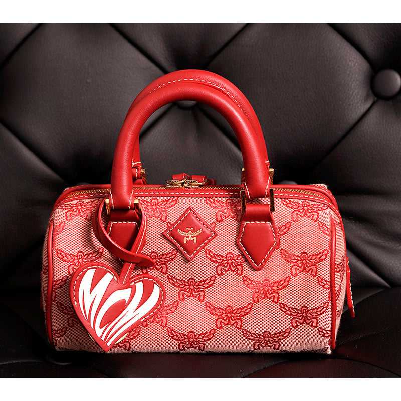 NEW $890 MCM Red Lauretos Monogram Jacquard Mini Ella VALENTINE Heart BOSTON BAG