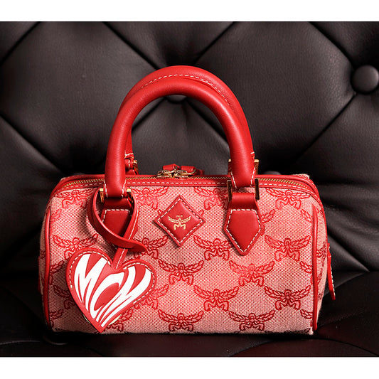 NEW $890 MCM Red Lauretos Monogram Jacquard Mini Ella VALENTINE Heart BOSTON BAG