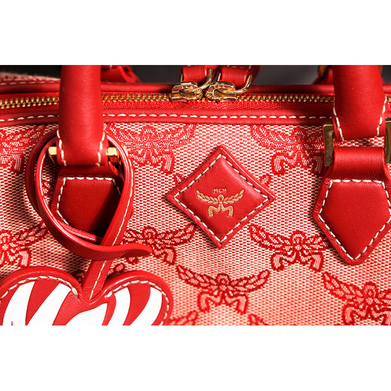 NEW $890 MCM Red Lauretos Monogram Jacquard Mini Ella VALENTINE Heart BOSTON BAG