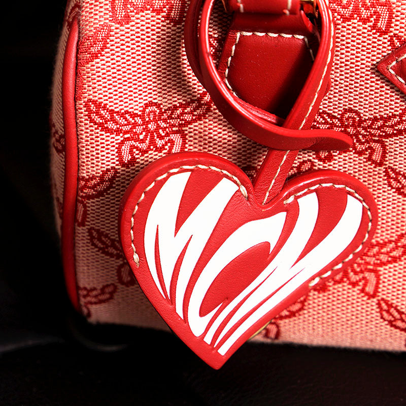 NEW $890 MCM Red Lauretos Monogram Jacquard Mini Ella VALENTINE Heart BOSTON BAG