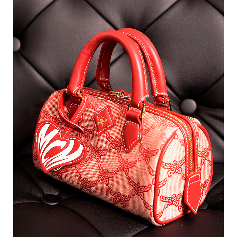 NEW $890 MCM Red Lauretos Monogram Jacquard Mini Ella VALENTINE Heart BOSTON BAG