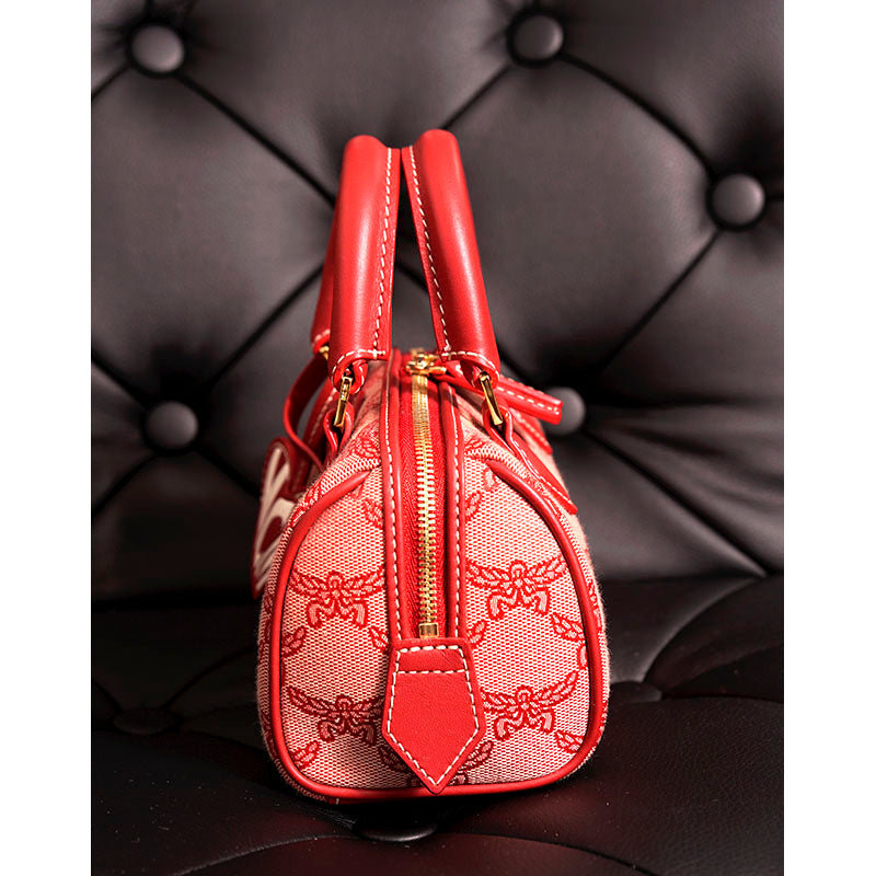 NEW $890 MCM Red Lauretos Monogram Jacquard Mini Ella VALENTINE Heart BOSTON BAG