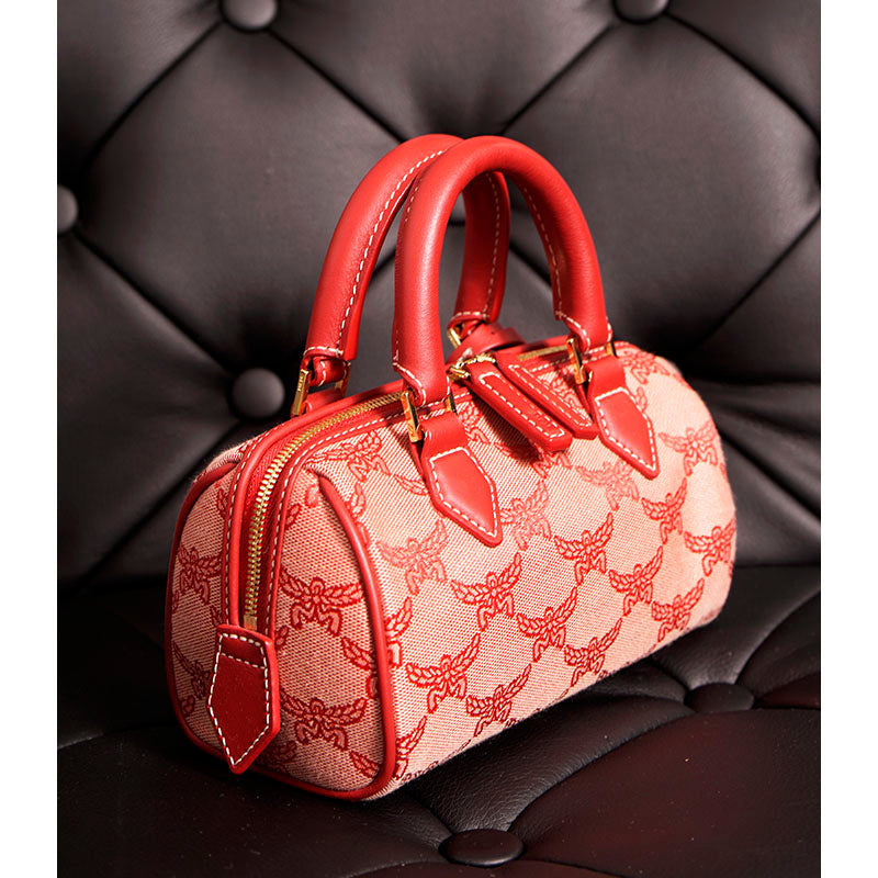 NEW $890 MCM Red Lauretos Monogram Jacquard Mini Ella VALENTINE Heart BOSTON BAG