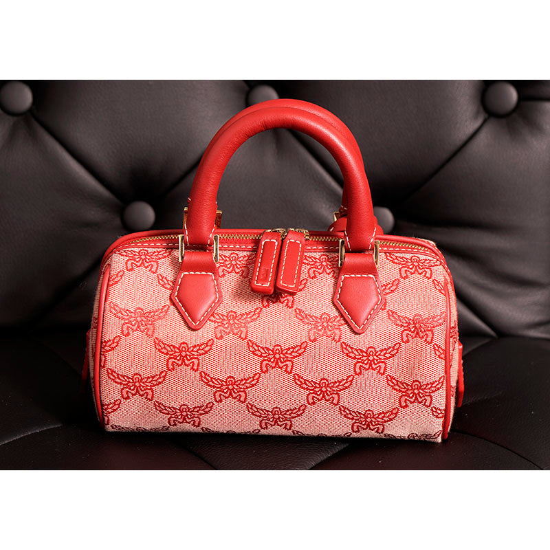 NEW $890 MCM Red Lauretos Monogram Jacquard Mini Ella VALENTINE Heart BOSTON BAG