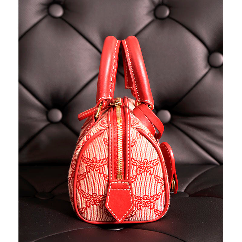 NEW $890 MCM Red Lauretos Monogram Jacquard Mini Ella VALENTINE Heart BOSTON BAG