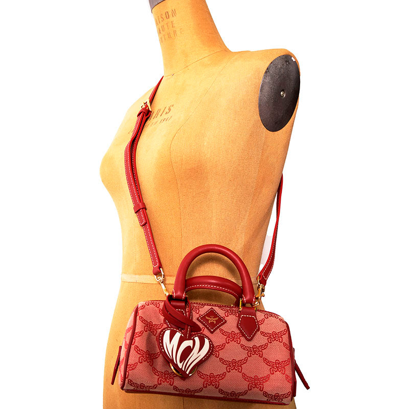 NEW $890 MCM Red Lauretos Monogram Jacquard Mini Ella VALENTINE Heart BOSTON BAG