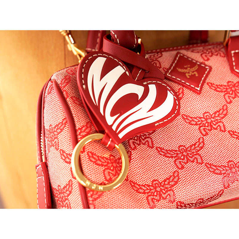 NEW $890 MCM Red Lauretos Monogram Jacquard Mini Ella VALENTINE Heart BOSTON BAG