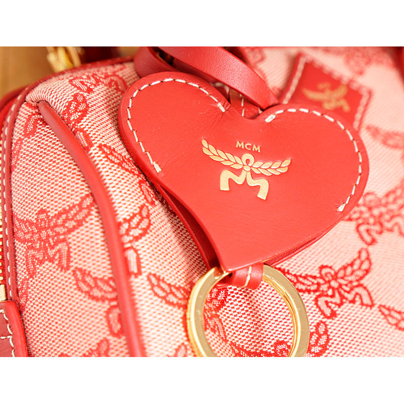 NEW $890 MCM Red Lauretos Monogram Jacquard Mini Ella VALENTINE Heart BOSTON BAG