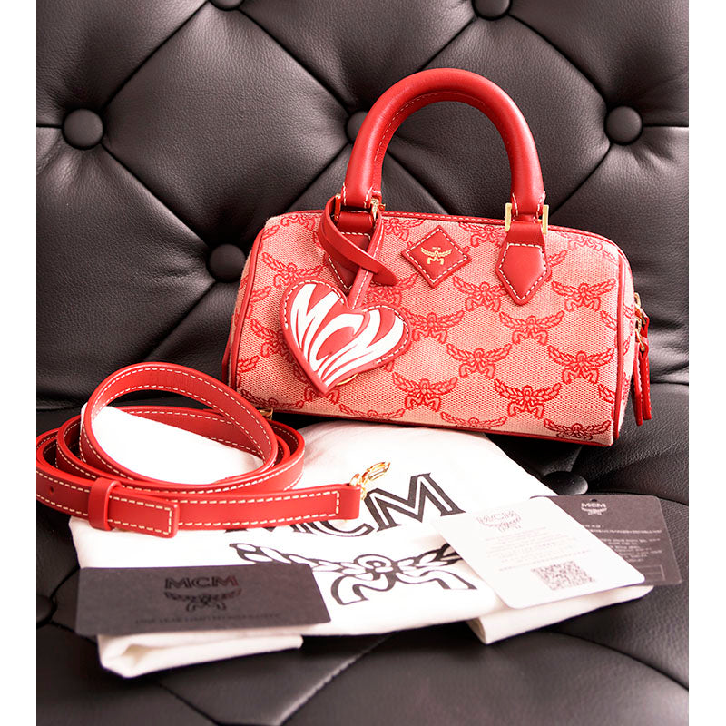 NEW $890 MCM Red Lauretos Monogram Jacquard Mini Ella VALENTINE Heart BOSTON BAG