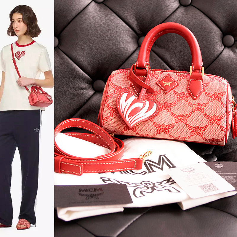 NEW $890 MCM Red Lauretos Monogram Jacquard Mini Ella VALENTINE Heart BOSTON BAG