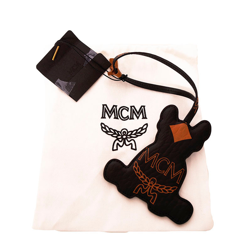 NEW $125 MCM Black/Camel Maxi Visetos French BULLDOG M PUP BAG Logo CHARM NWT
