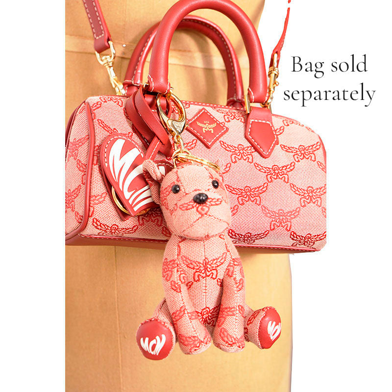 NEW $330 MCM Red Lauretos Monogram Jacquard Himmel FRENCH BULLDOG KEYCHAIN NWT