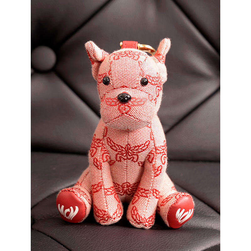 NEW $330 MCM Red Lauretos Monogram Jacquard Himmel FRENCH BULLDOG KEYCHAIN NWT