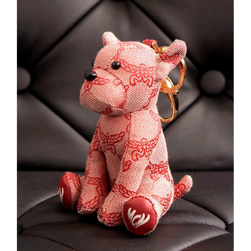 NEW $330 MCM Red Lauretos Monogram Jacquard Himmel FRENCH BULLDOG KEYCHAIN NWT