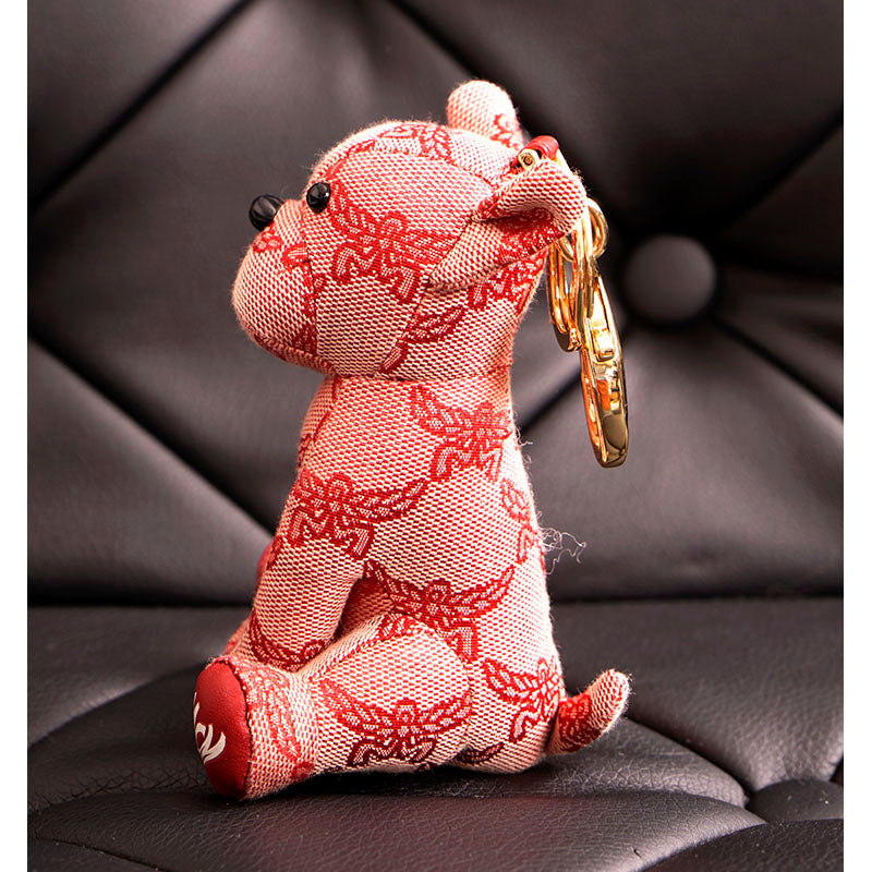 NEW $330 MCM Red Lauretos Monogram Jacquard Himmel FRENCH BULLDOG KEYCHAIN NWT