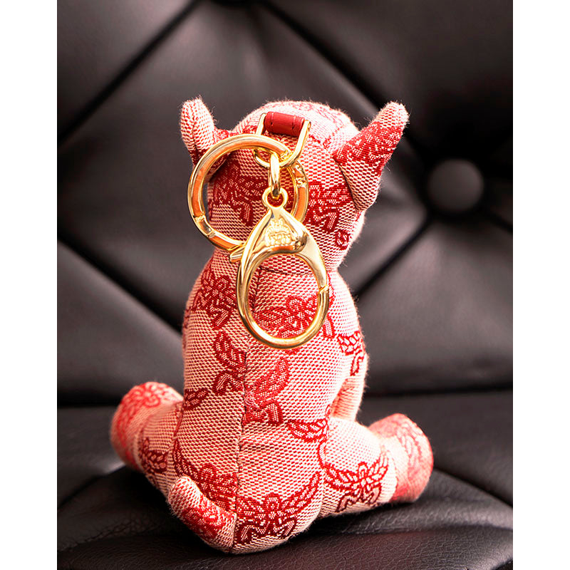NEW $330 MCM Red Lauretos Monogram Jacquard Himmel FRENCH BULLDOG KEYCHAIN NWT