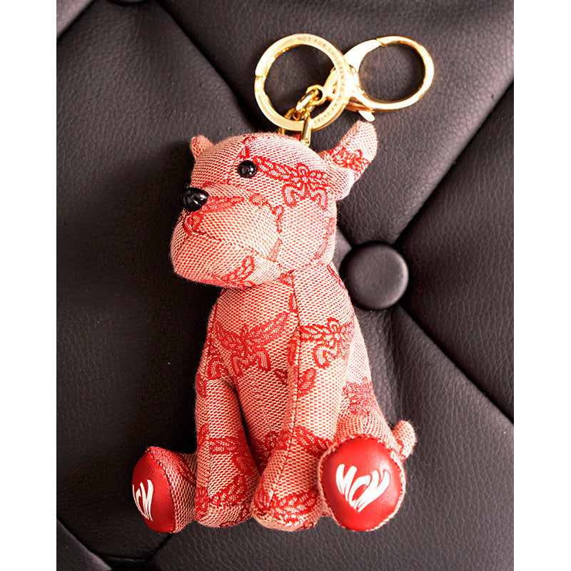 NEW $330 MCM Red Lauretos Monogram Jacquard Himmel FRENCH BULLDOG KEYCHAIN NWT