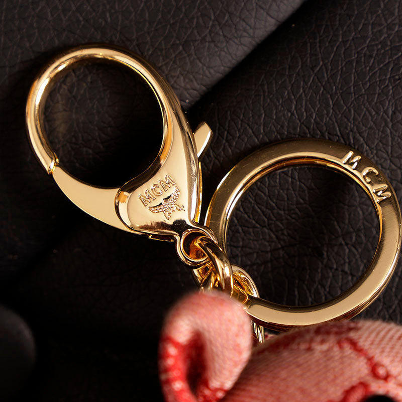 NEW $330 MCM Red Lauretos Monogram Jacquard Himmel FRENCH BULLDOG KEYCHAIN NWT