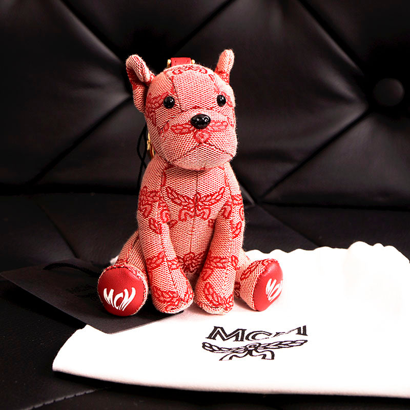 NEW $330 MCM Red Lauretos Monogram Jacquard Himmel FRENCH BULLDOG KEYCHAIN NWT