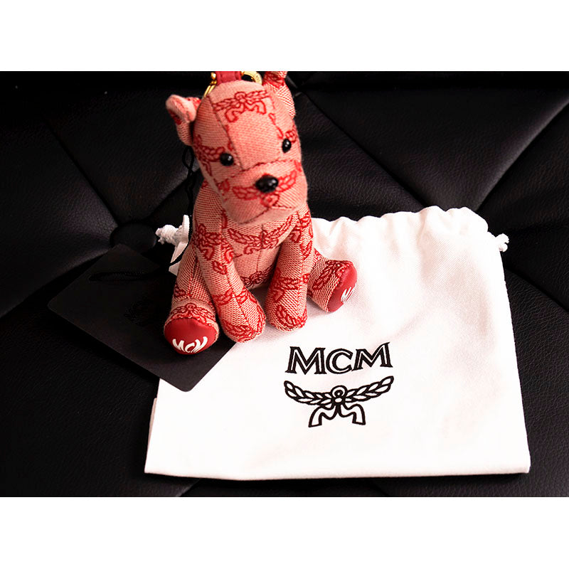NEW $330 MCM Red Lauretos Monogram Jacquard Himmel FRENCH BULLDOG KEYCHAIN NWT