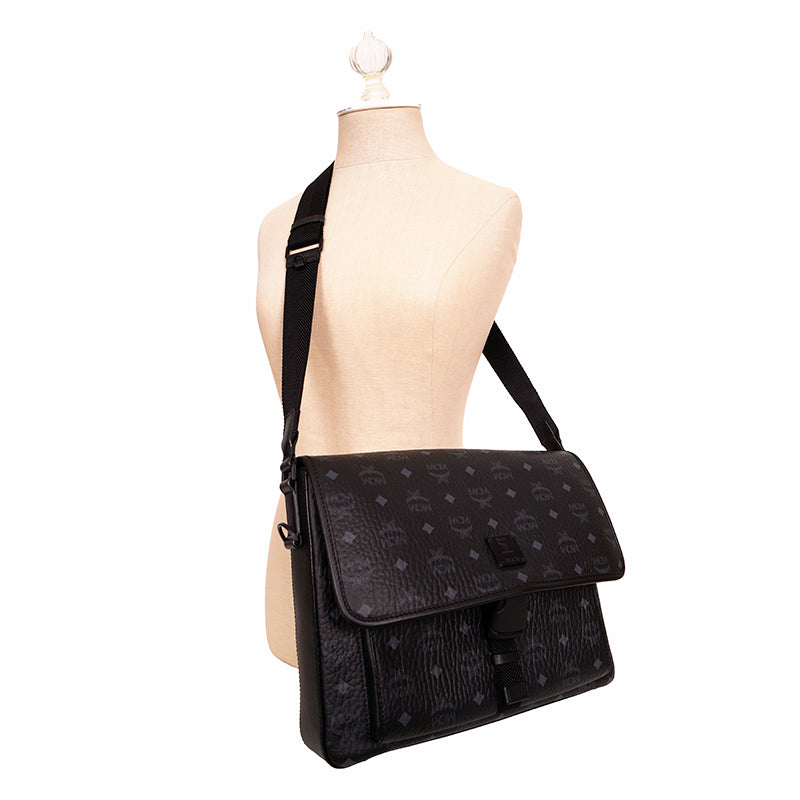 NEW $890 MCM Klassik Black Leather & Visetos Gray Logo CROSSBODY Laurel Flap BAG