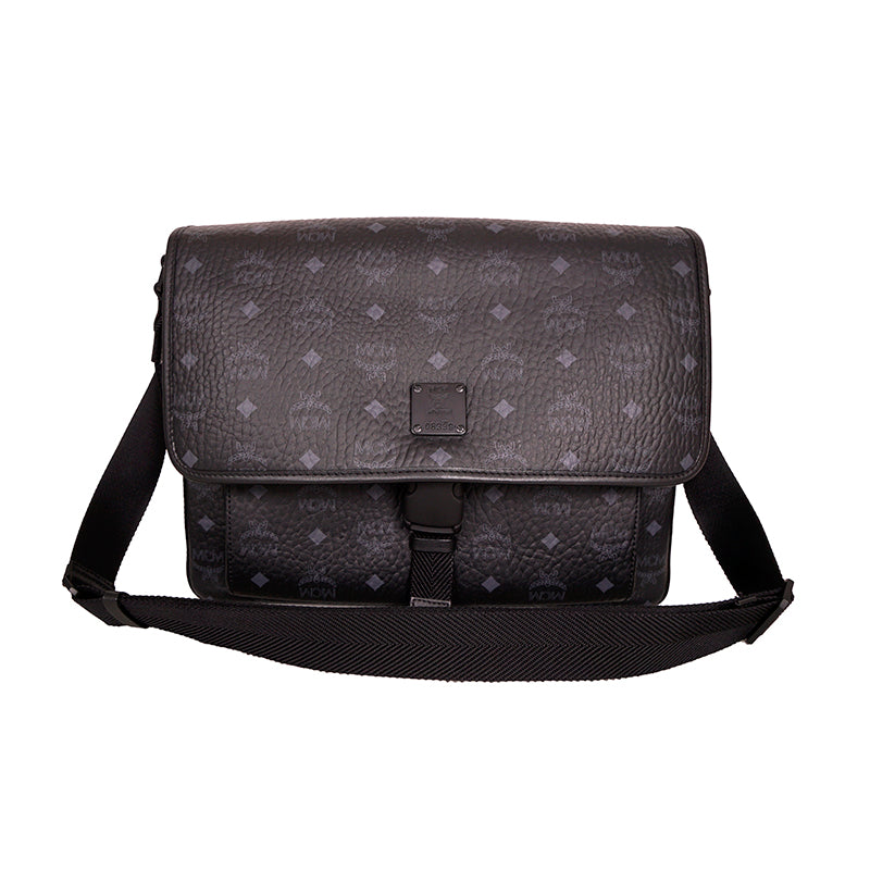 NEW $890 MCM Klassik Black Leather & Visetos Gray Logo CROSSBODY Laurel Flap BAG