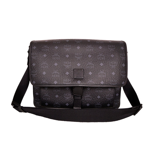 NEW $890 MCM Klassik Black Leather & Visetos Gray Logo CROSSBODY Laurel Flap BAG