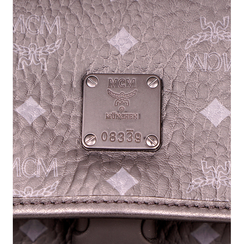 NEW $890 MCM Klassik Black Leather & Visetos Gray Logo CROSSBODY Laurel Flap BAG
