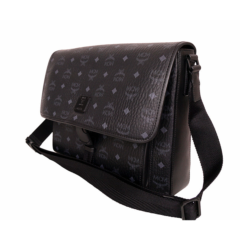 NEW $890 MCM Klassik Black Leather & Visetos Gray Logo CROSSBODY Laurel Flap BAG