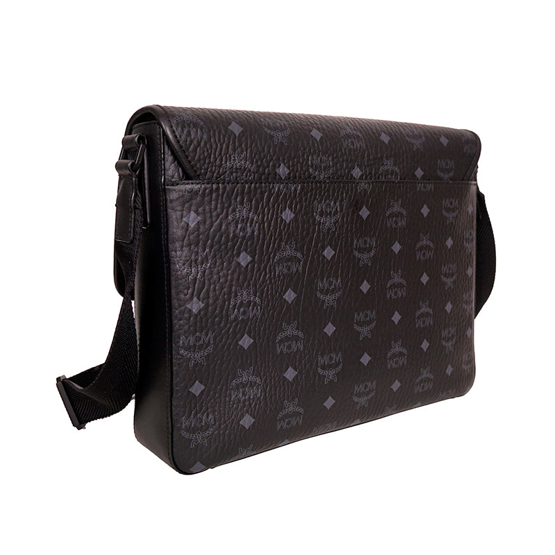 NEW $890 MCM Klassik Black Leather & Visetos Gray Logo CROSSBODY Laurel Flap BAG