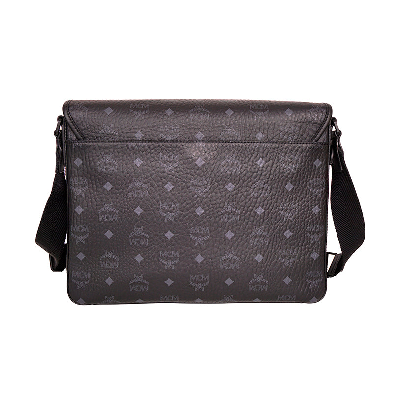 NEW $890 MCM Klassik Black Leather & Visetos Gray Logo CROSSBODY Laurel Flap BAG