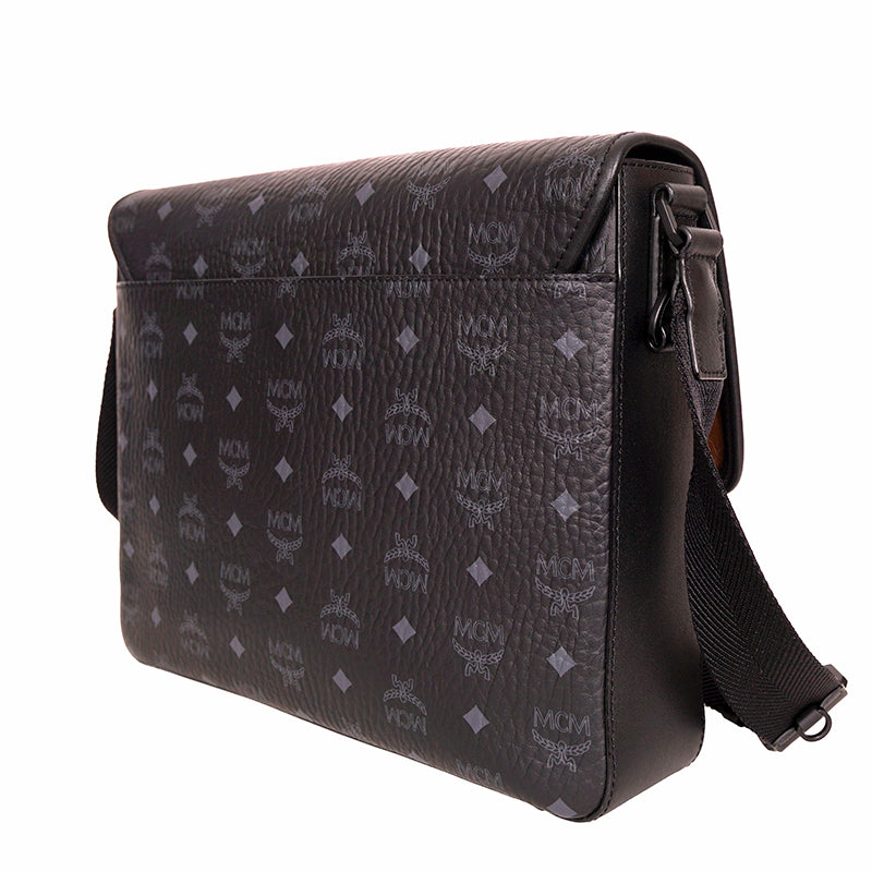 NEW $890 MCM Klassik Black Leather & Visetos Gray Logo CROSSBODY Laurel Flap BAG