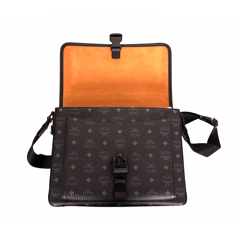 NEW $890 MCM Klassik Black Leather & Visetos Gray Logo CROSSBODY Laurel Flap BAG