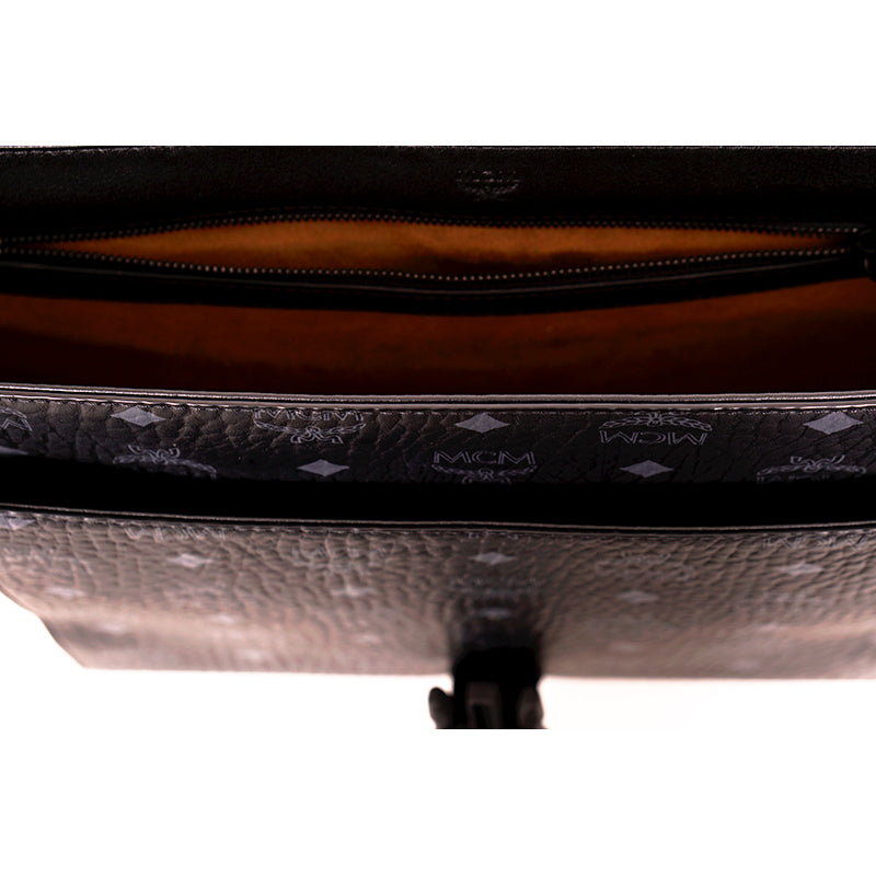 NEW $890 MCM Klassik Black Leather & Visetos Gray Logo CROSSBODY Laurel Flap BAG