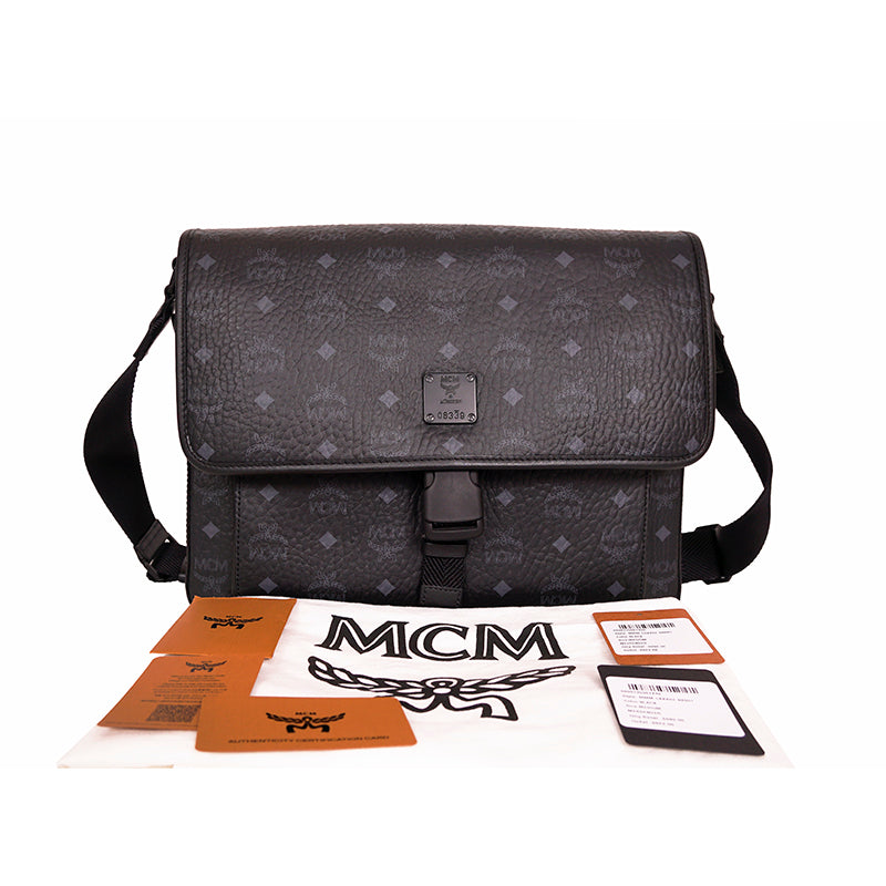NEW $890 MCM Klassik Black Leather & Visetos Gray Logo CROSSBODY Laurel Flap BAG