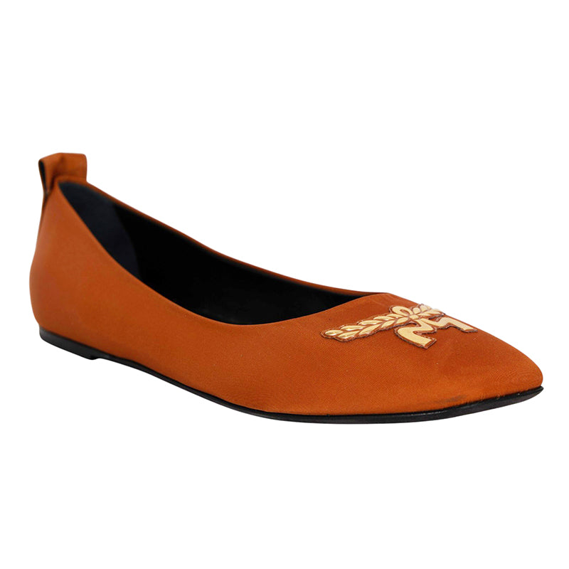 sz 39 NEW $530 Cognac Brown ECONYL Gold LAUREL LOGO Soft Square Toe BALLET FLATS