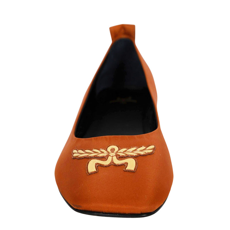 sz 39 NEW $530 Cognac Brown ECONYL Gold LAUREL LOGO Soft Square Toe BALLET FLATS