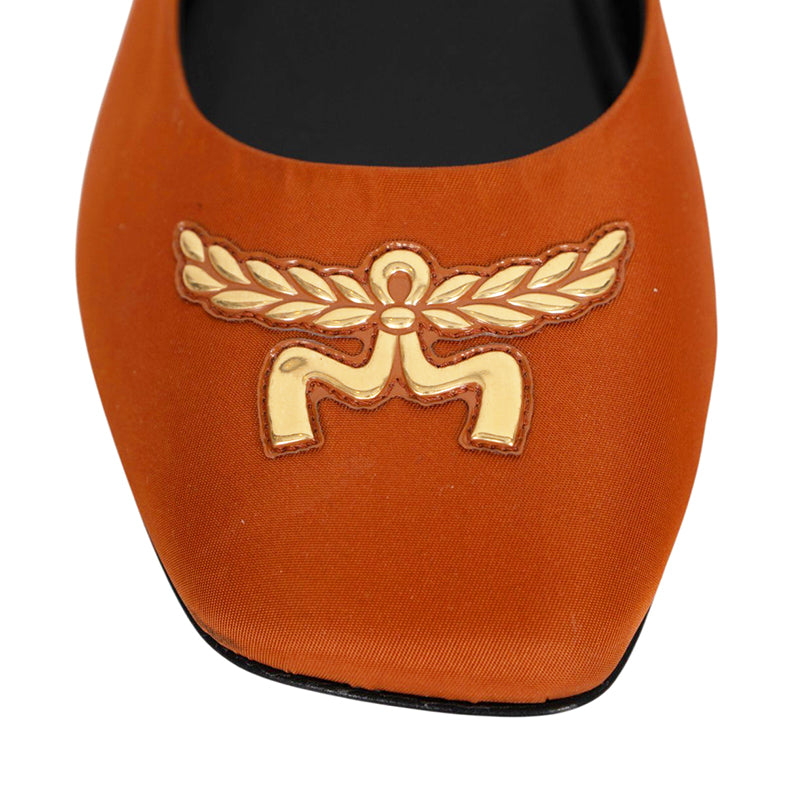 sz 39 NEW $530 Cognac Brown ECONYL Gold LAUREL LOGO Soft Square Toe BALLET FLATS