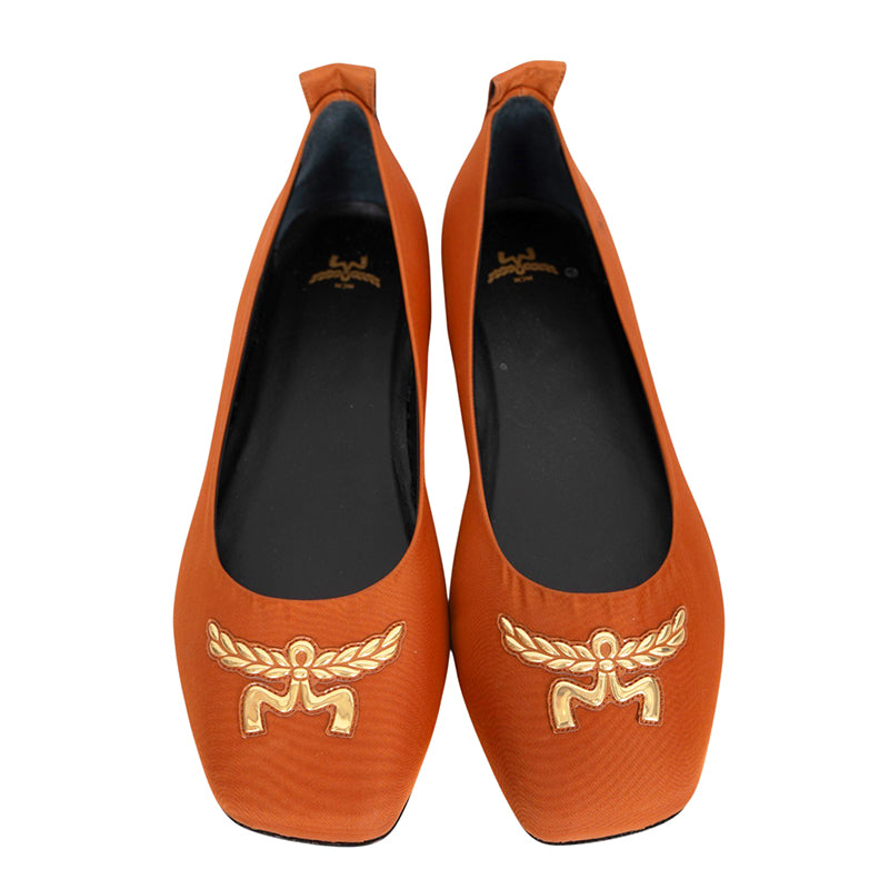 sz 39 NEW $530 Cognac Brown ECONYL Gold LAUREL LOGO Soft Square Toe BALLET FLATS