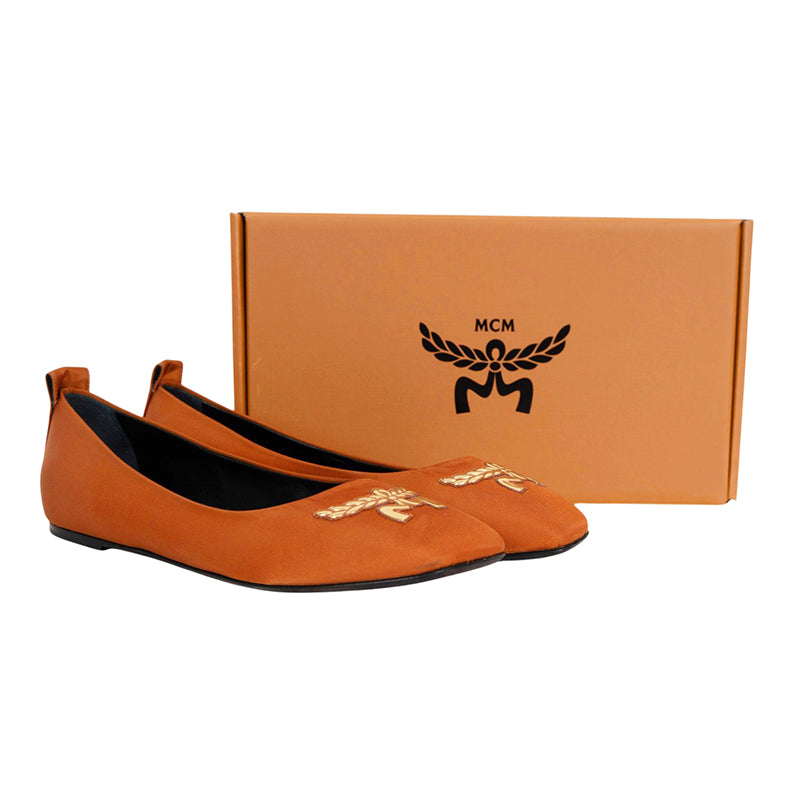 sz 39 NEW $530 Cognac Brown ECONYL Gold LAUREL LOGO Soft Square Toe BALLET FLATS