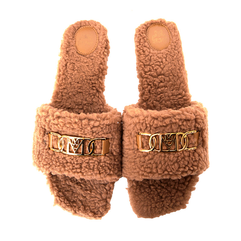 37 NEW $490 MCM Tan-Brown Italian Fx Fur TRAVIA MCM GOLD LOGO Flat Slide SANDALS
