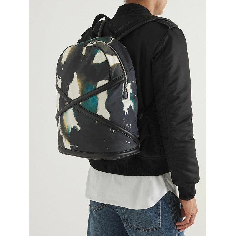 NEW $1690 ALEXANDER MCQUEEN Watercolor Print HARNESS LEATHER Canvas BACKPACK BAG