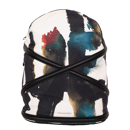 NEW $1690 ALEXANDER MCQUEEN Watercolor Print HARNESS LEATHER Canvas BACKPACK BAG