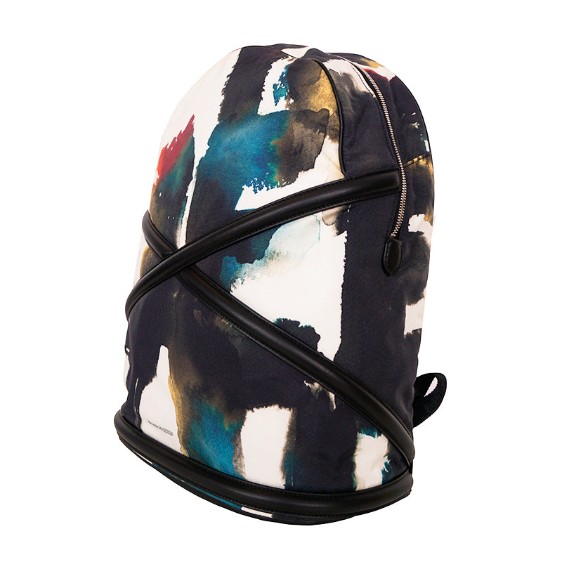 NEW $1690 ALEXANDER MCQUEEN Watercolor Print HARNESS LEATHER Canvas BACKPACK BAG