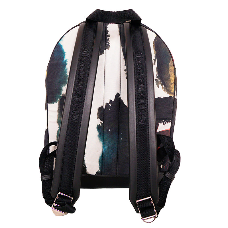 NEW $1690 ALEXANDER MCQUEEN Watercolor Print HARNESS LEATHER Canvas BACKPACK BAG