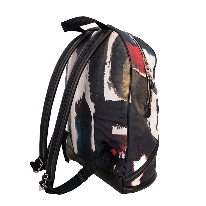 NEW $1690 ALEXANDER MCQUEEN Watercolor Print HARNESS LEATHER Canvas BACKPACK BAG