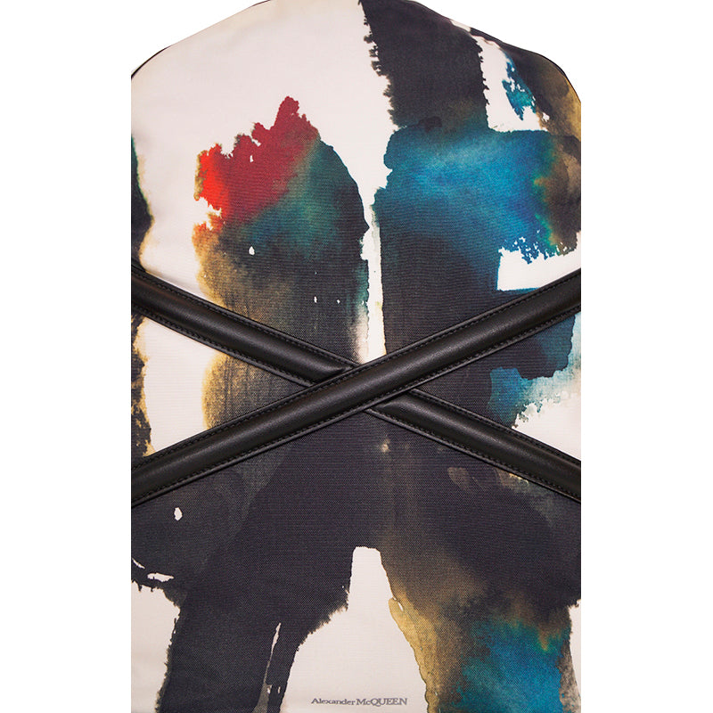 NEW $1690 ALEXANDER MCQUEEN Watercolor Print HARNESS LEATHER Canvas BACKPACK BAG