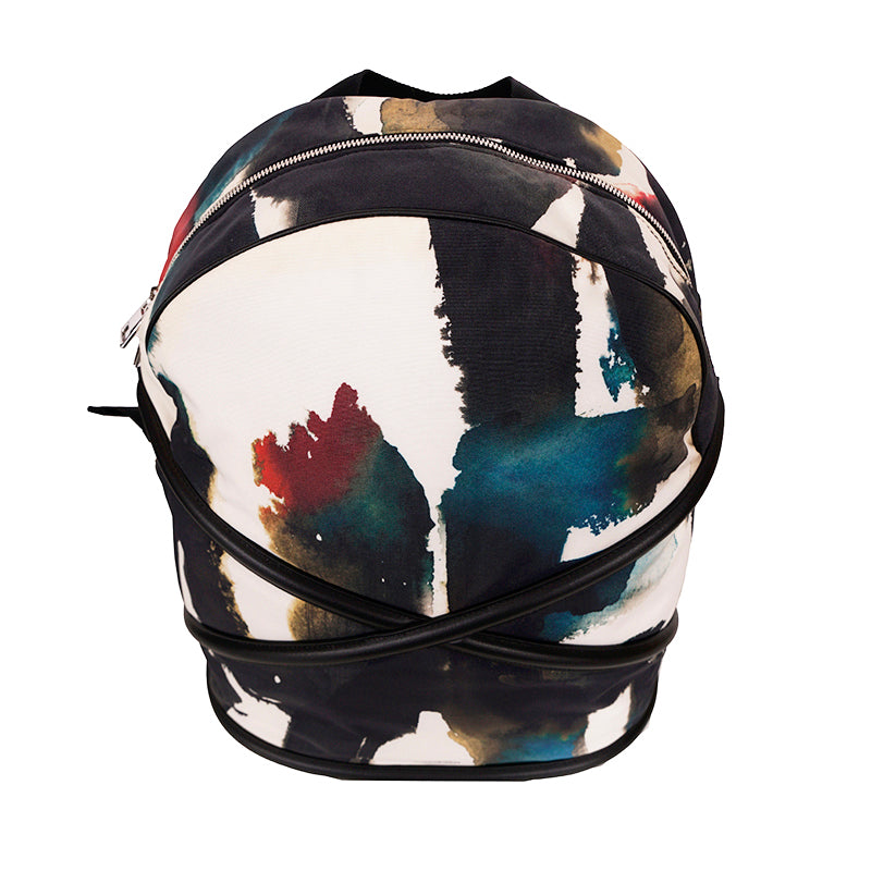 NEW $1690 ALEXANDER MCQUEEN Watercolor Print HARNESS LEATHER Canvas BACKPACK BAG